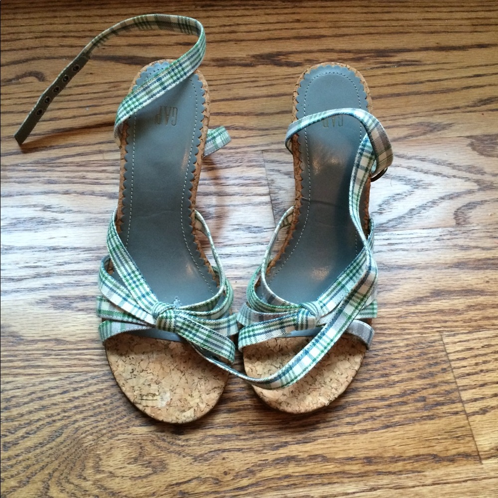 GAP Cork Wedges Green Plaid Gingham 6